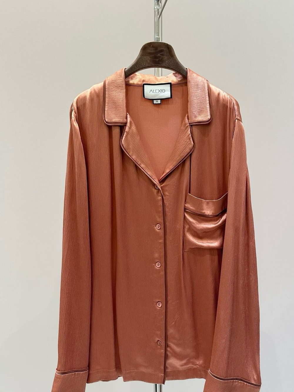 ALEXIS Satin Pajama Style Button-Up Shirt Rust Size M